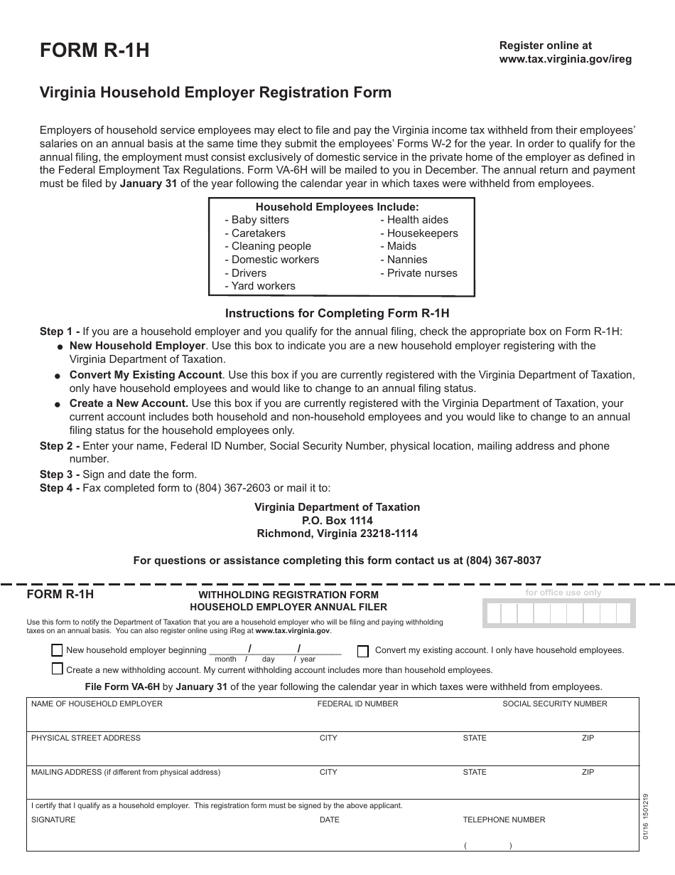 Form R-1H Virginia Household Employer Registration Form - Virginia, Page 1