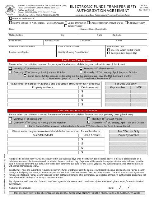 Form EFT-PRE Electronic Funds Transfer (Eft) Authorization Agreement - Fairfax County, Virginia