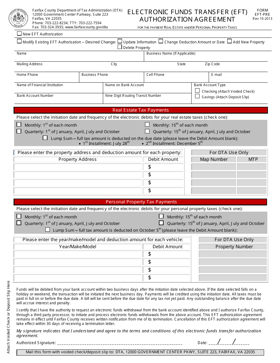 Form EFT-PRE Electronic Funds Transfer (Eft) Authorization Agreement - Fairfax County, Virginia, Page 1
