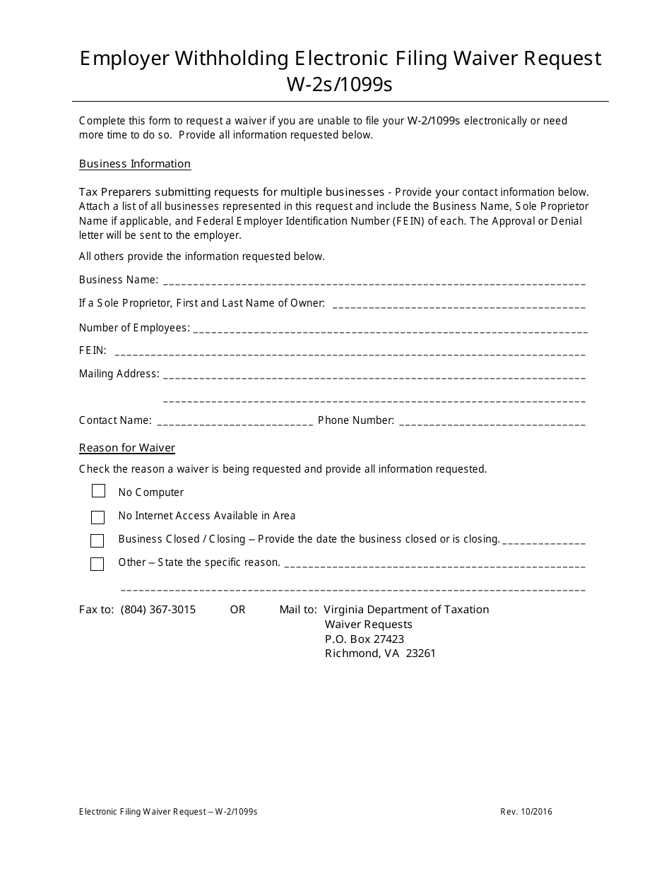 Form W-2S/1099S Employer Withholding Electronic Filing Waiver Request - Virginia, Page 1