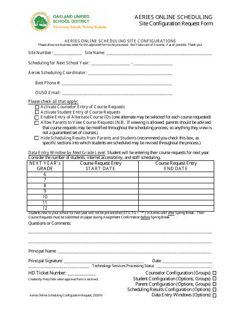 &quot;Aeris Online Scheduling Site Configuration Request Form - Oakland Unified School District&quot; Download Pdf