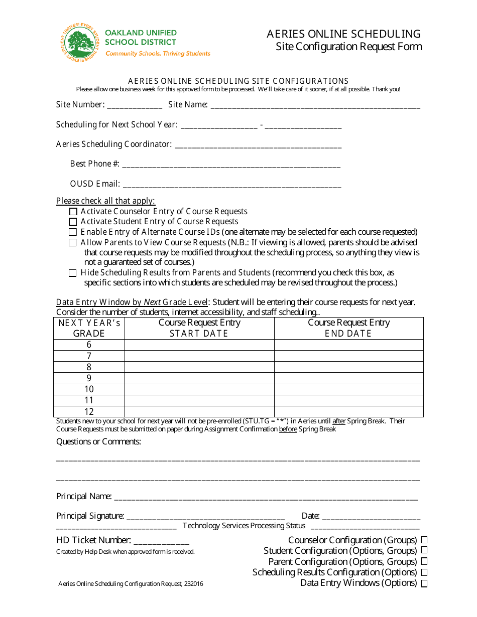 Aeris Online Scheduling Site Configuration Request Form - Oakland Unified School District, Page 1
