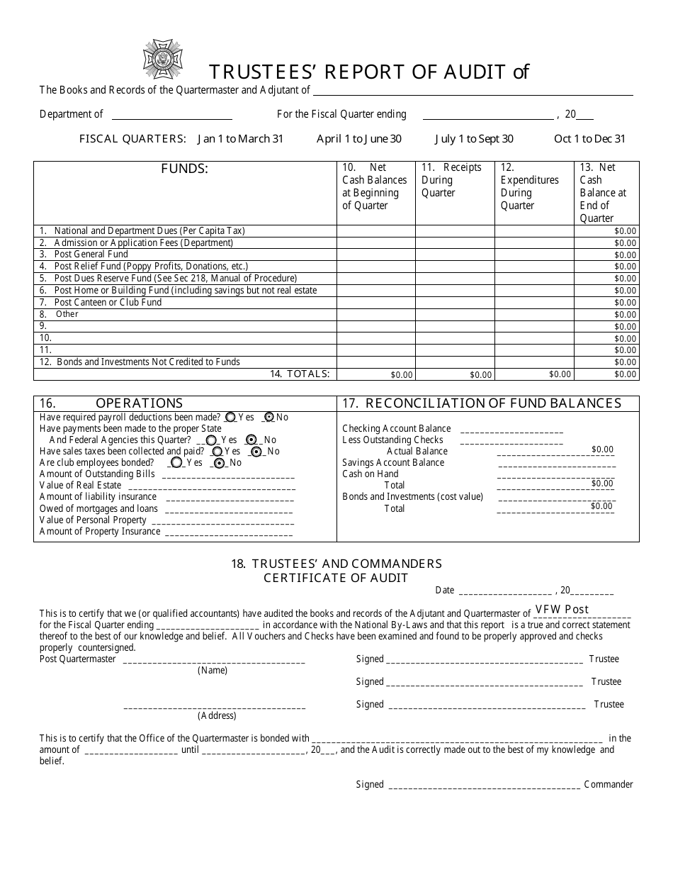 Trustees Report Form of Audit - Veterans of Foreign Wars of the United States, Page 1
