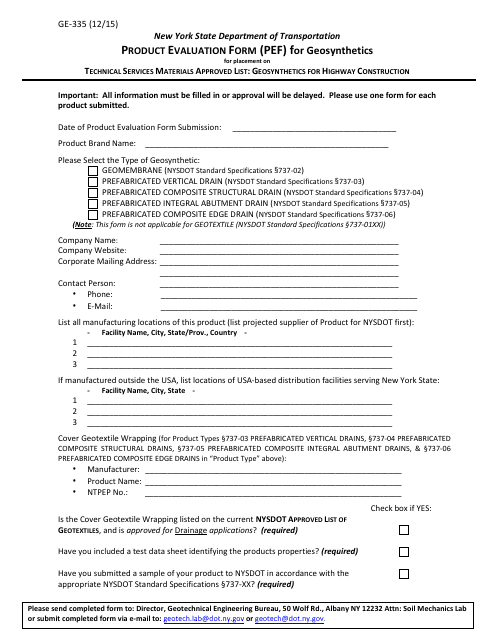 Form GE-335 Product Evaluation Form (Pef) for Geosynthetics - New York