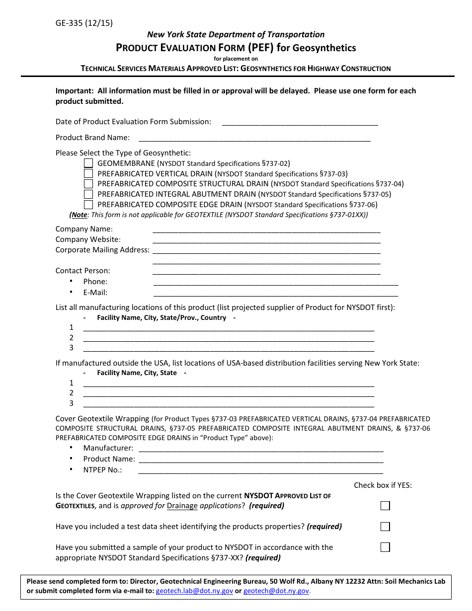 Form GE-335 Product Evaluation Form (Pef) for Geosynthetics - New York, Page 1