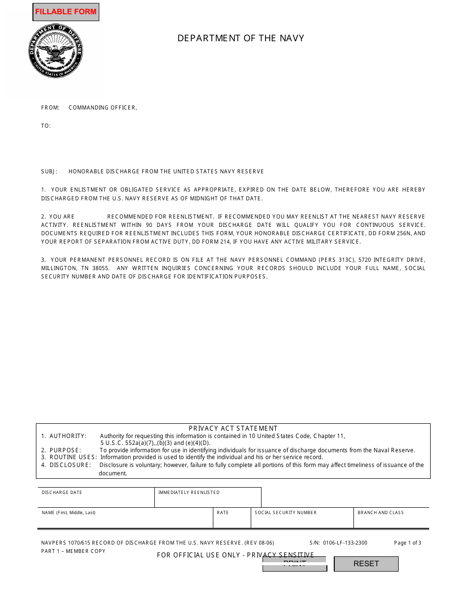 NAVPERS Form 1070/615 Record of Discharge From the U.S. Navy Reserve, Health Record, Page 1