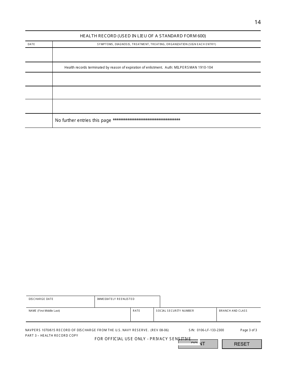 NAVPERS Form 1070 / 615 Record of Discharge From the U.S. Navy Reserve, Health Record, Page 3