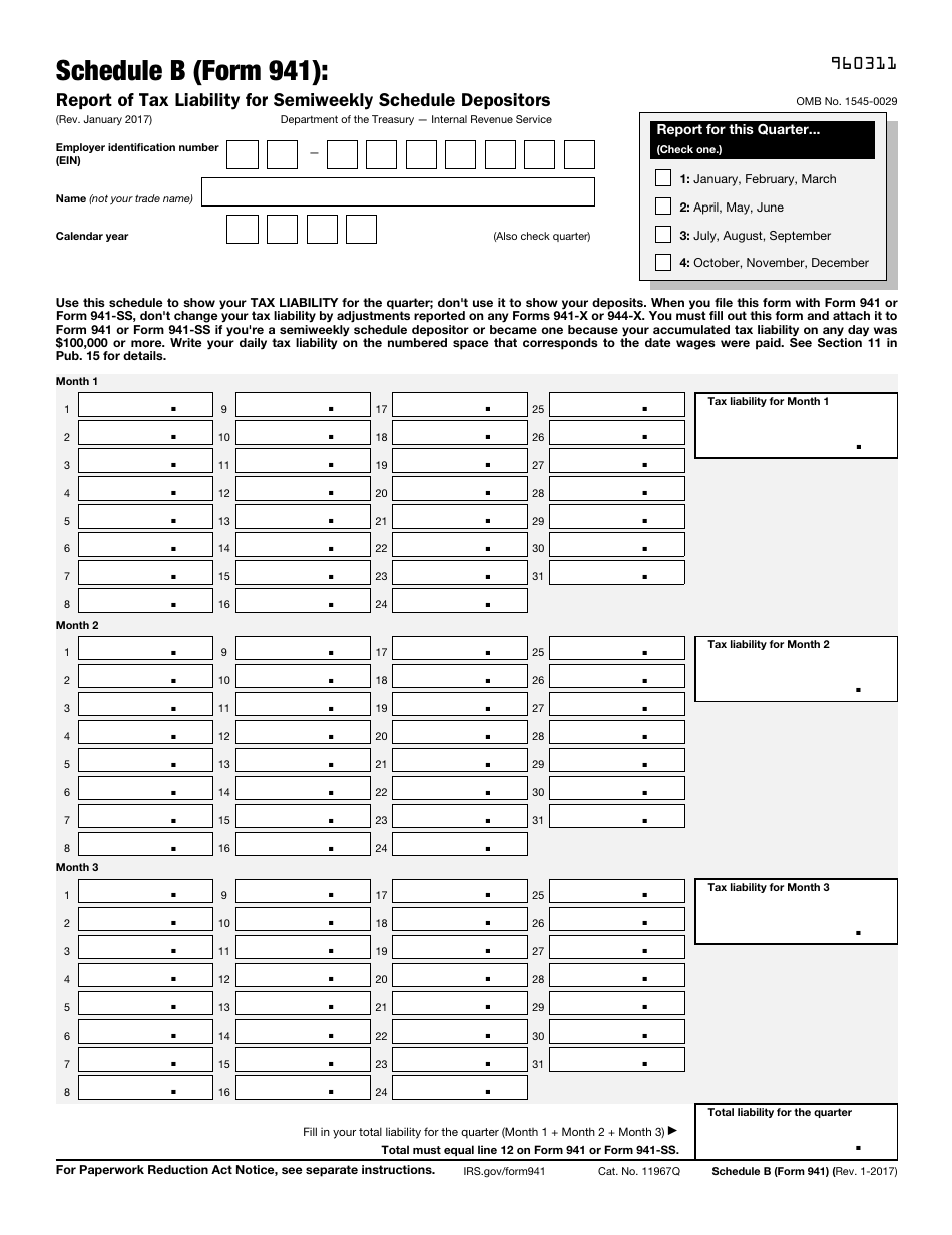 IRS Form 941 Schedule B Report of Tax Liability for Semiweekly Schedule Depositors, Page 1
