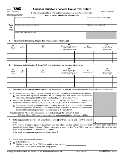 IRS Form 720X Amended Quarterly Federal Excise Tax Return