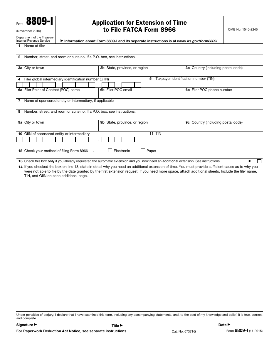 IRS Form 8809-I Application for Extension of Time to File Fatca Form 8966, Page 1