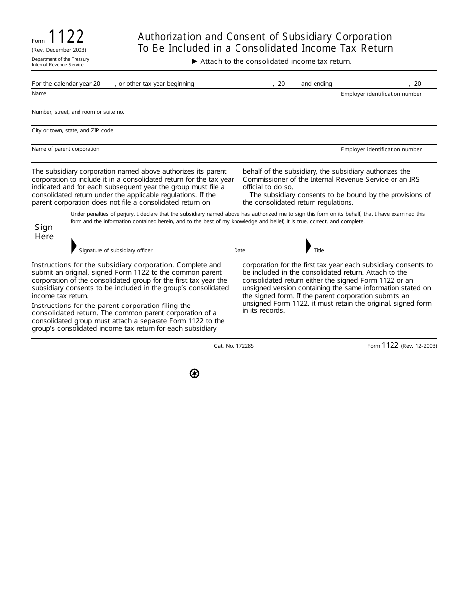 IRS Form 1122 Authorization and Consent of Subsidiary Corporation to Be Included in a Consolidated Income Tax Return, Page 1