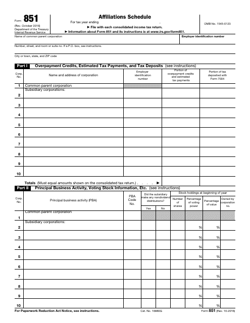IRS Form 851  Printable Pdf