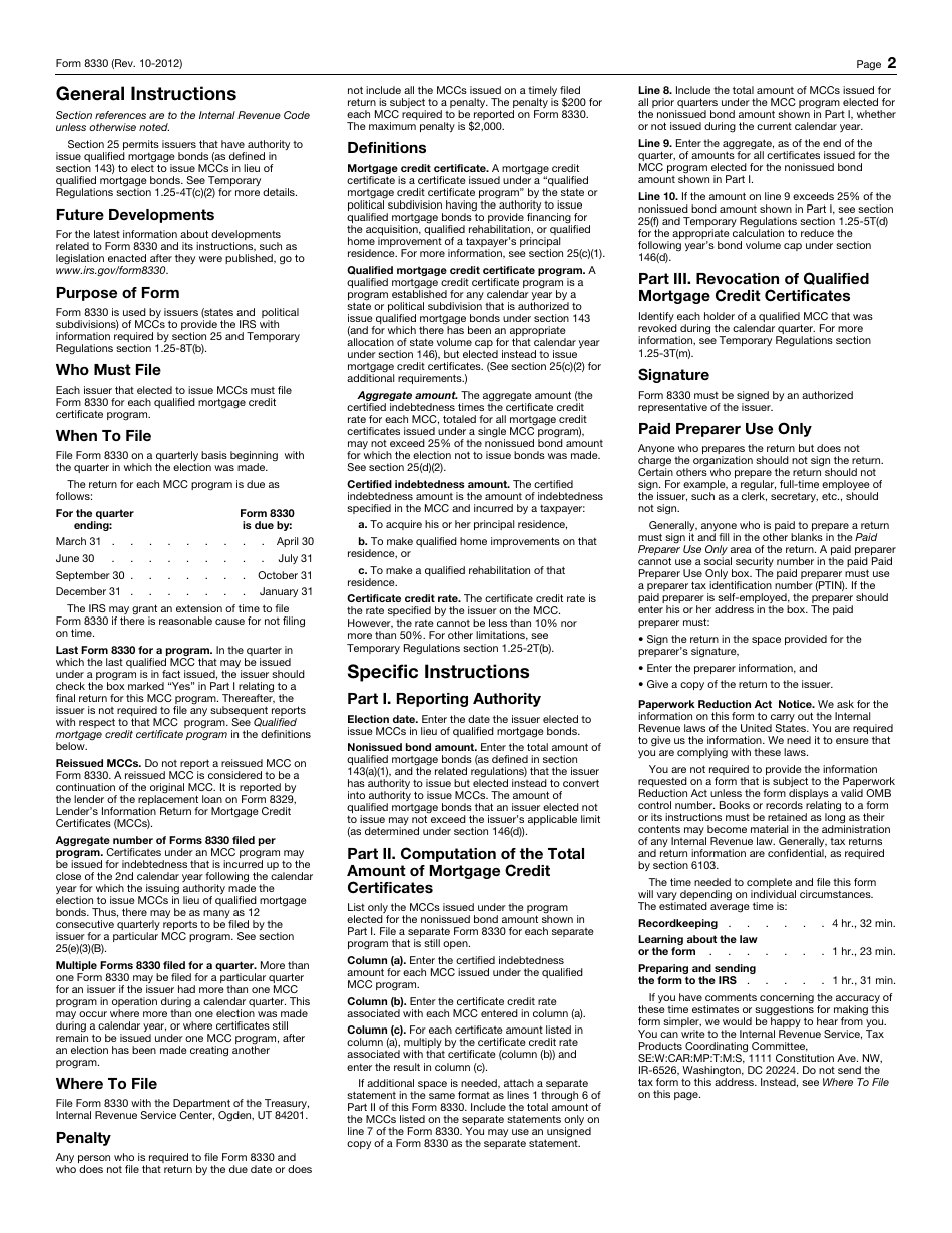 IRS Form 8330 Issuers Quarterly Information Return for Mortgage Credit Certificates (Mccs), Page 2