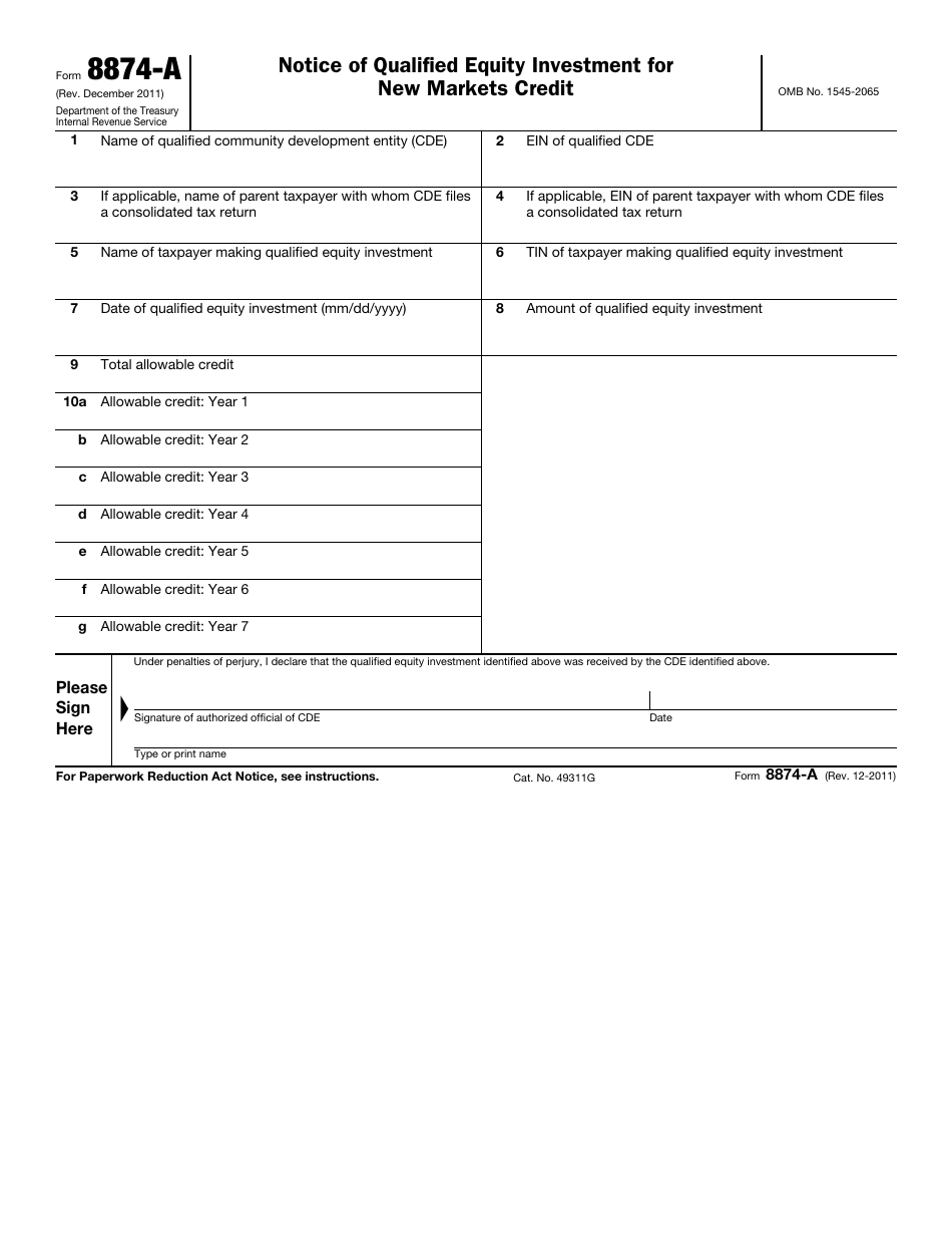 IRS Form 8874-A Notice of Qualified Equity Investment for New Markets Credit, Page 1