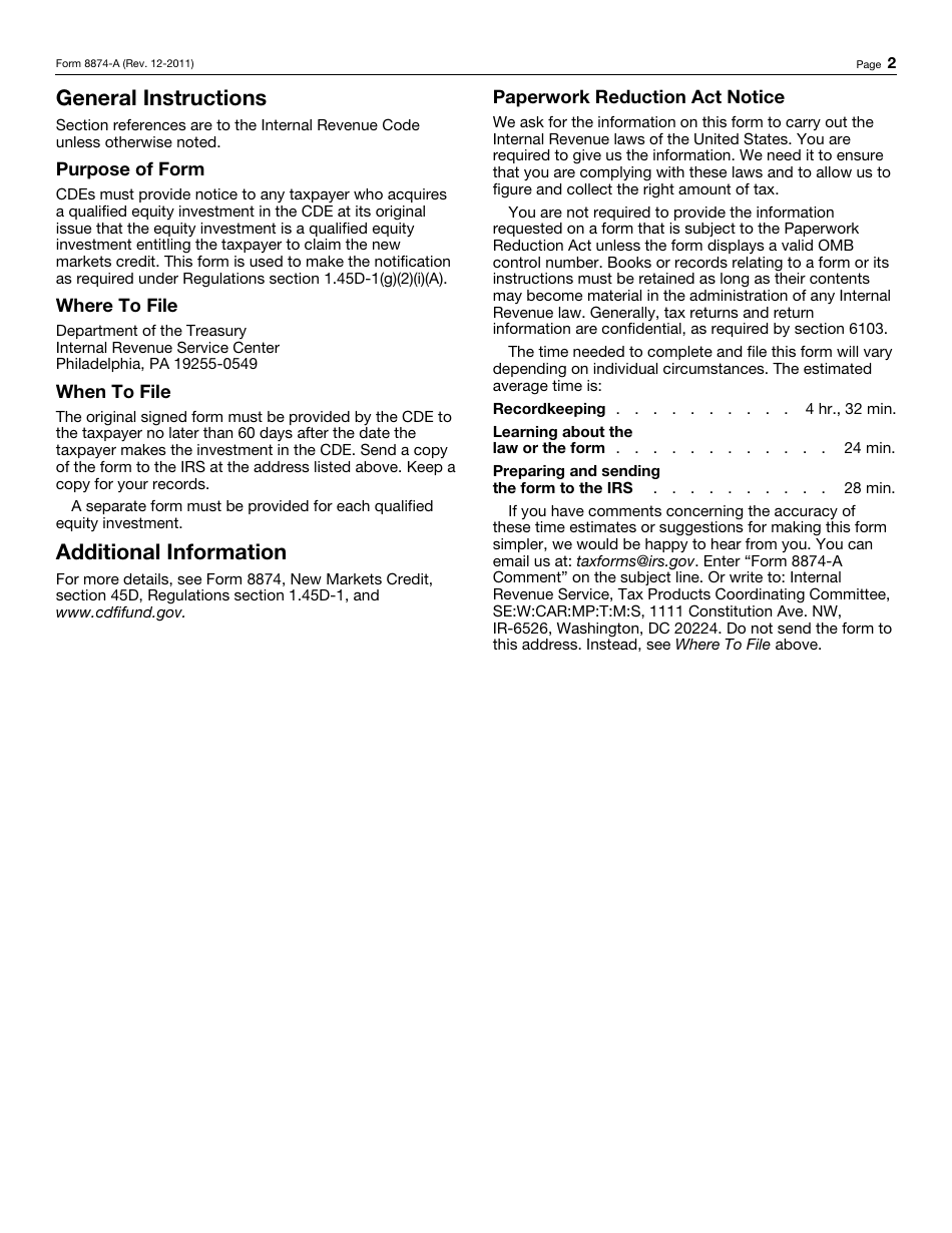 IRS Form 8874-A Notice of Qualified Equity Investment for New Markets Credit, Page 2