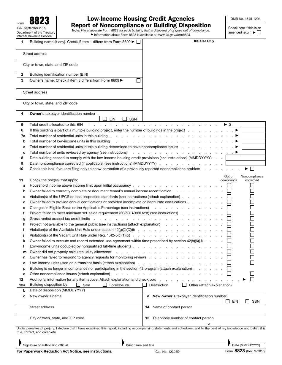 IRS Form 8823 Low-Income Housing Credit Agencies Report of Noncompliance or Building Disposition, Page 1