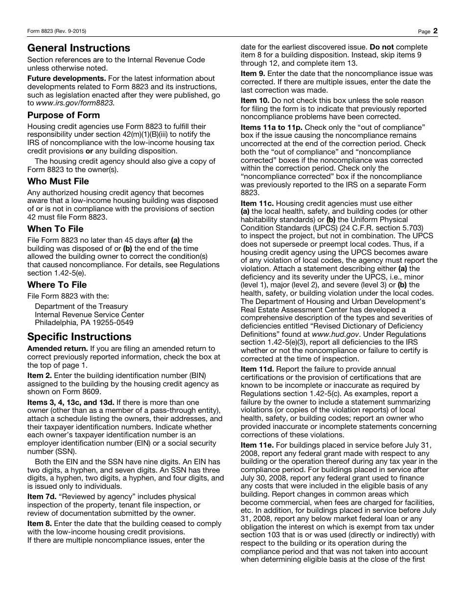 IRS Form 8823 Low-Income Housing Credit Agencies Report of Noncompliance or Building Disposition, Page 2