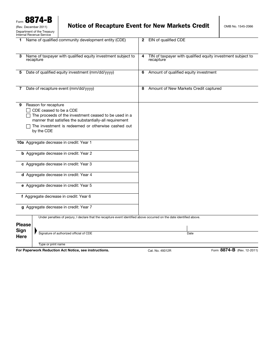 IRS Form 8874-B Notice of Recapture Event for New Markets Credit, Page 1
