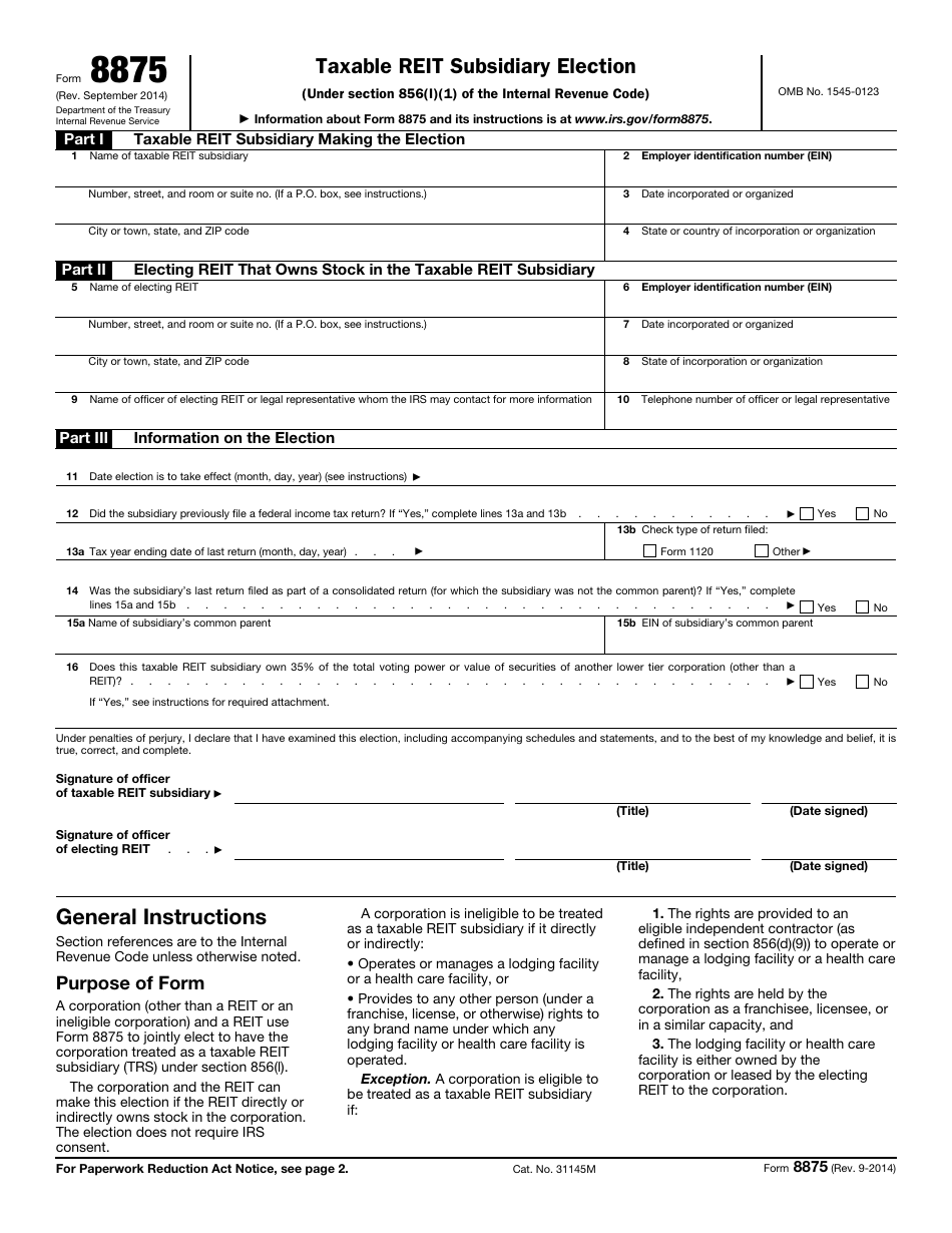 IRS Form 8875 Taxable Reit Subsidiary Election, Page 1