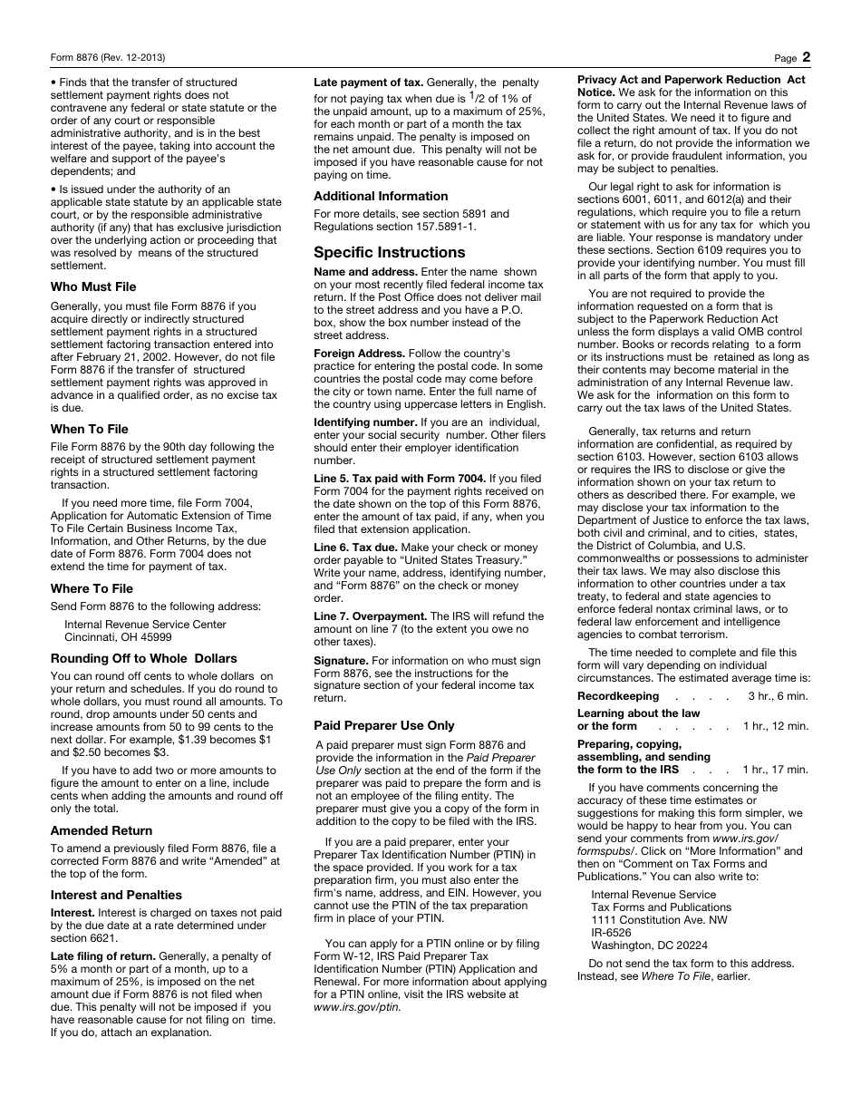 IRS Form 8876 Excise Tax on Structured Settlement Factoring Transactions, Page 2