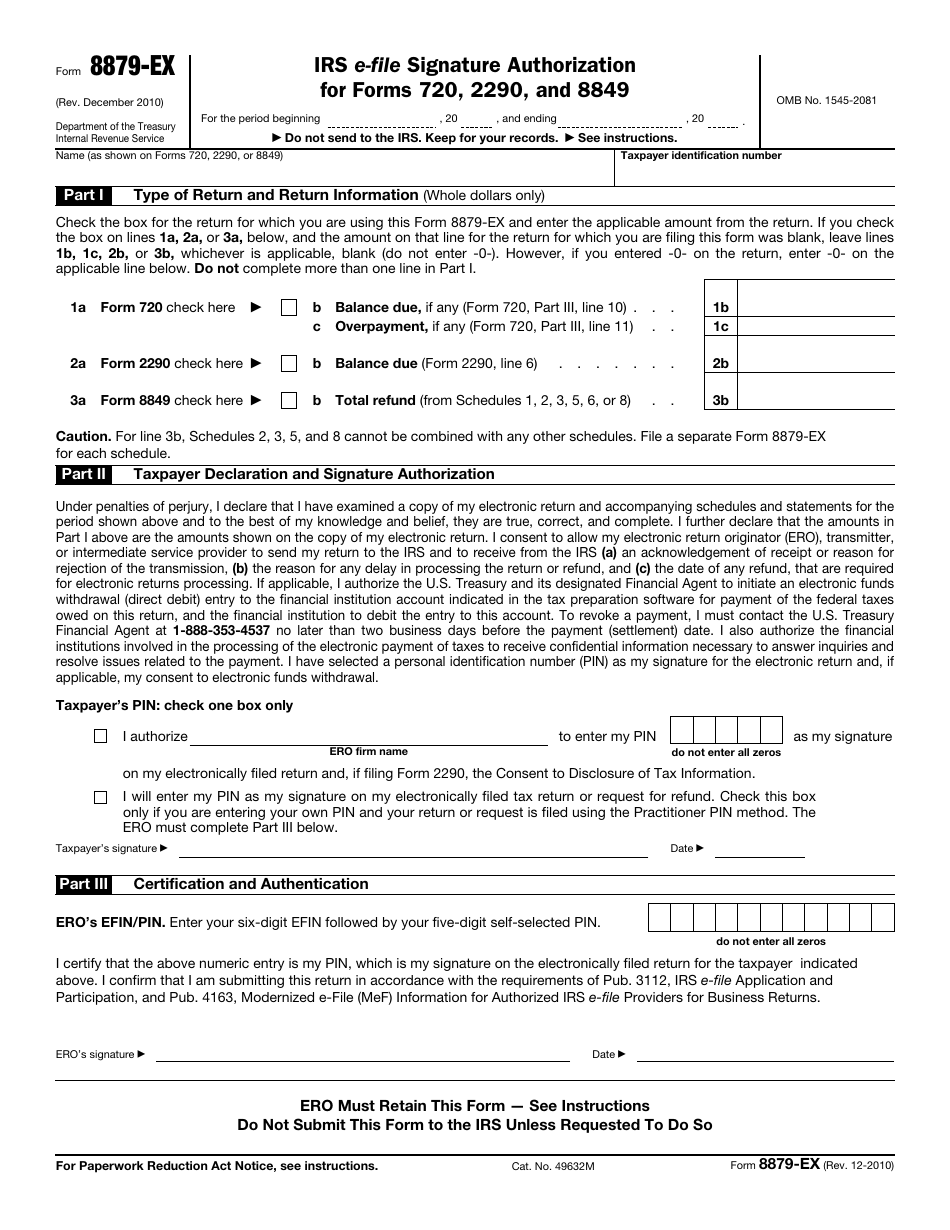 IRS Form 8879-EX IRS E-File Signature Authorization for Forms 720, 2290, and 8849, Page 1