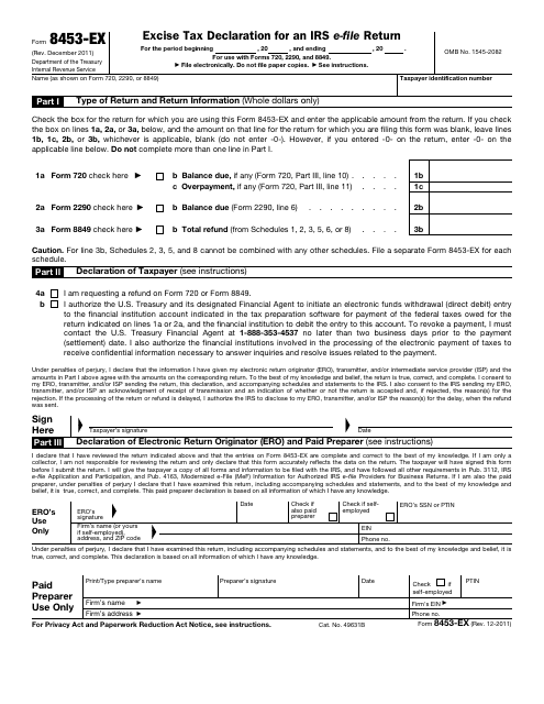 IRS Form 8453-EX Excise Tax Declaration for an IRS E-File Return