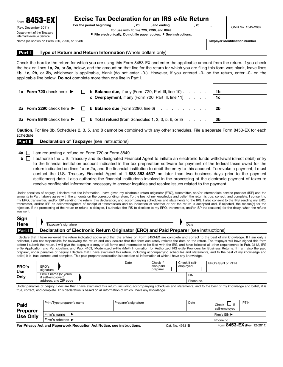 IRS Form 8453-EX Excise Tax Declaration for an IRS E-File Return, Page 1