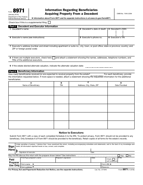 IRS Form 8971 Information Regarding Beneficiaries Acquiring Property From a Decedent