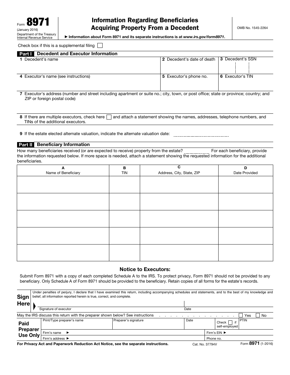 IRS Form 8971 Information Regarding Beneficiaries Acquiring Property From a Decedent, Page 1