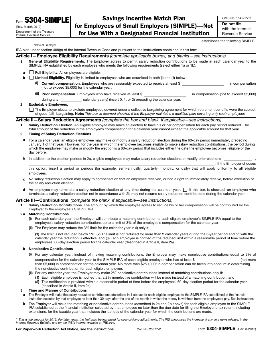 IRS Form 5304-SIMPLE Savings Incentive Match Plan for Employees of Small Employers (Simple) - Not for Use With a Designated Financial Institution, Page 1