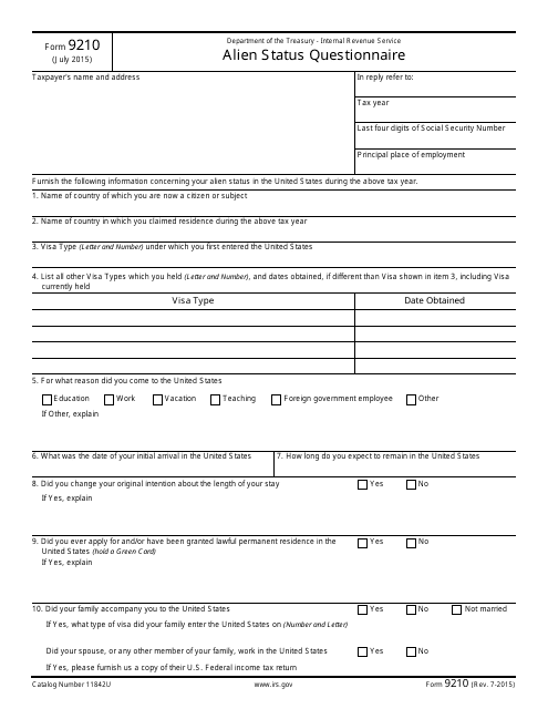 IRS Form 9210 Alien Status Questionnaire