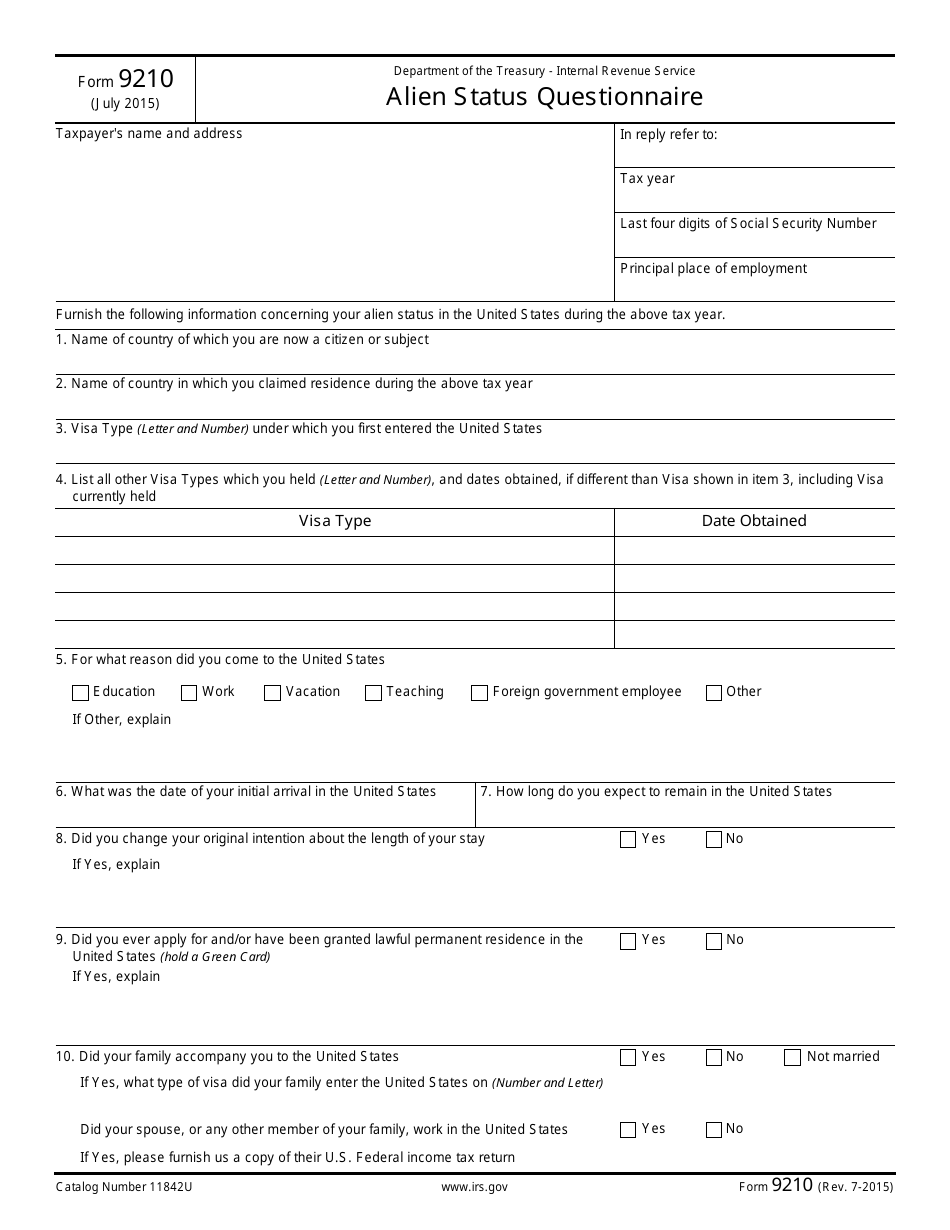 IRS Form 9210 Alien Status Questionnaire, Page 1