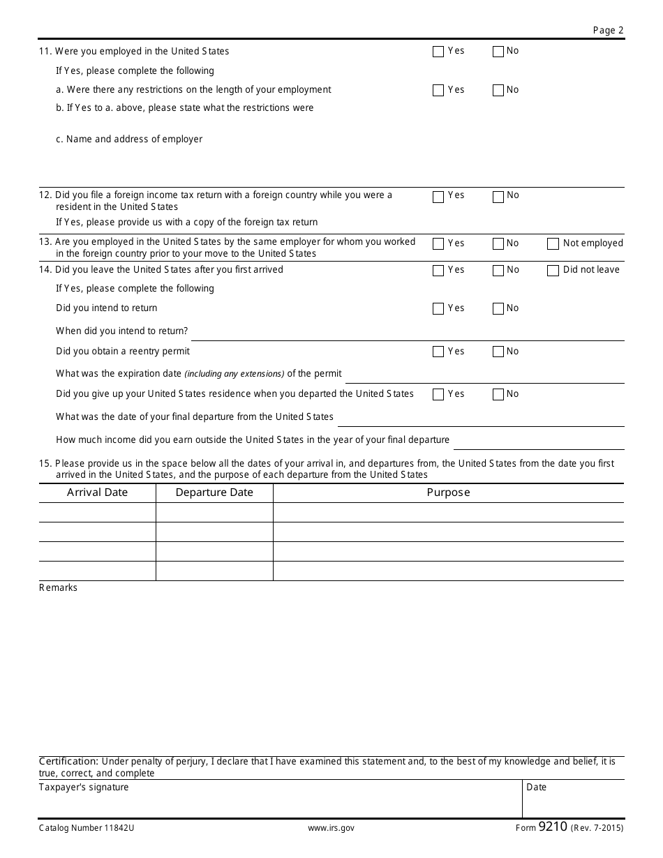 IRS Form 9210 Alien Status Questionnaire, Page 2