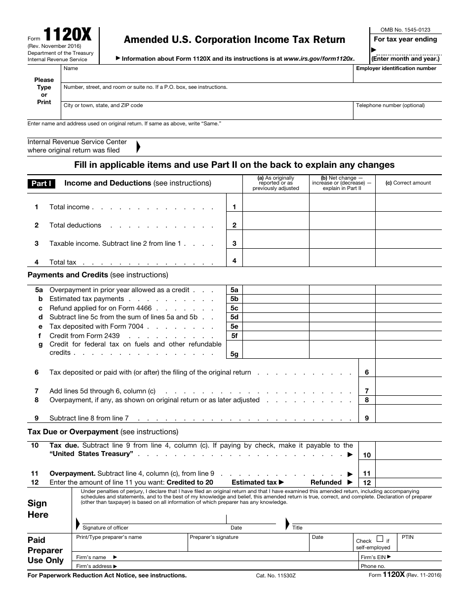 IRS Form 1120-X Amended U.S. Corporation Income Tax Return, Page 1