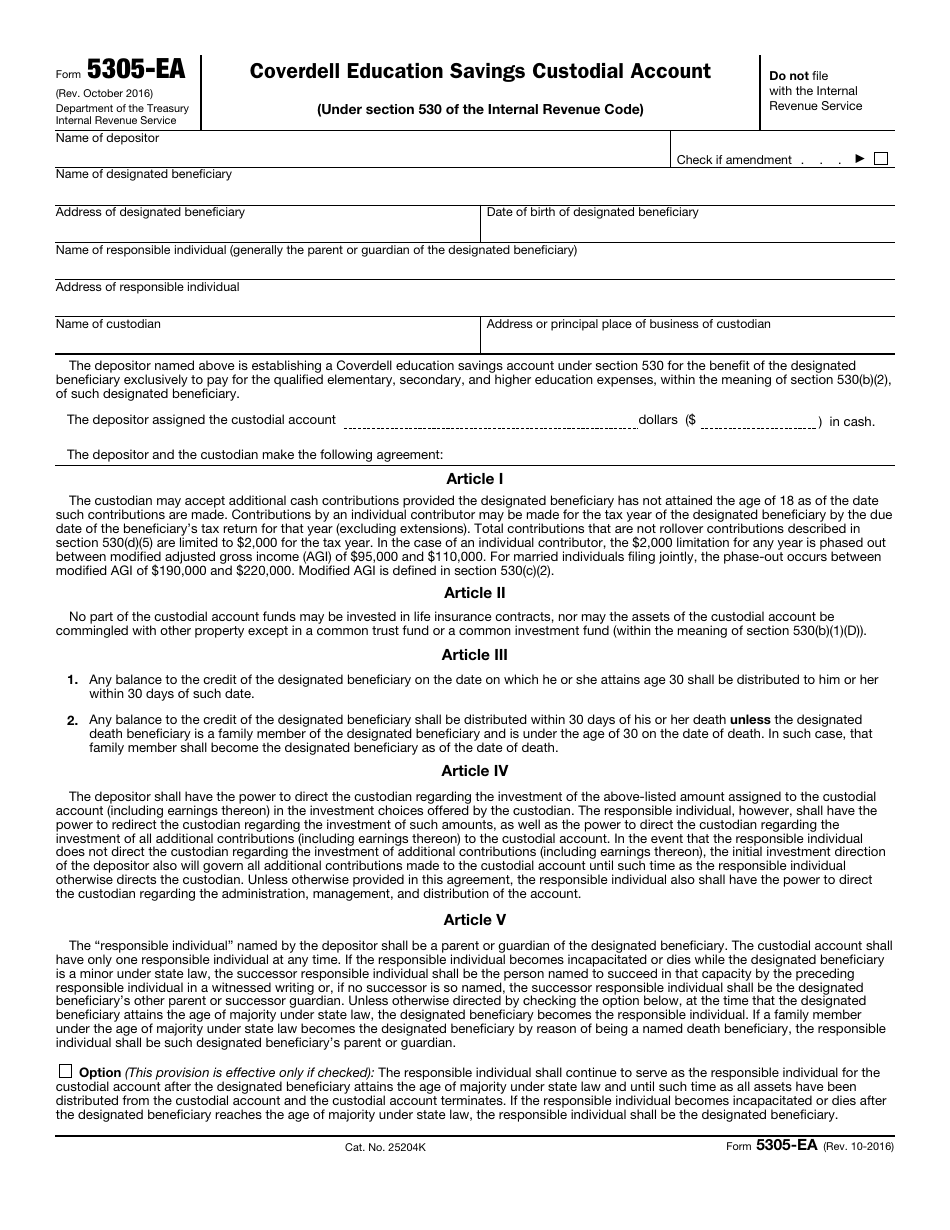 IRS Form 5305-EA Coverdell Education Savings Custodial Account (Under Section 530 of the Internal Revenue Code), Page 1