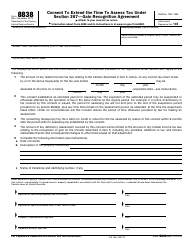 Document preview: IRS Form 8838 Consent to Extend the Time to Assess Tax Under Section 367 - Gain Recognition Agreement