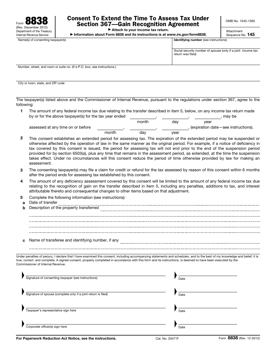 IRS Form 8838 Consent to Extend the Time to Assess Tax Under Section 367 - Gain Recognition Agreement, Page 1
