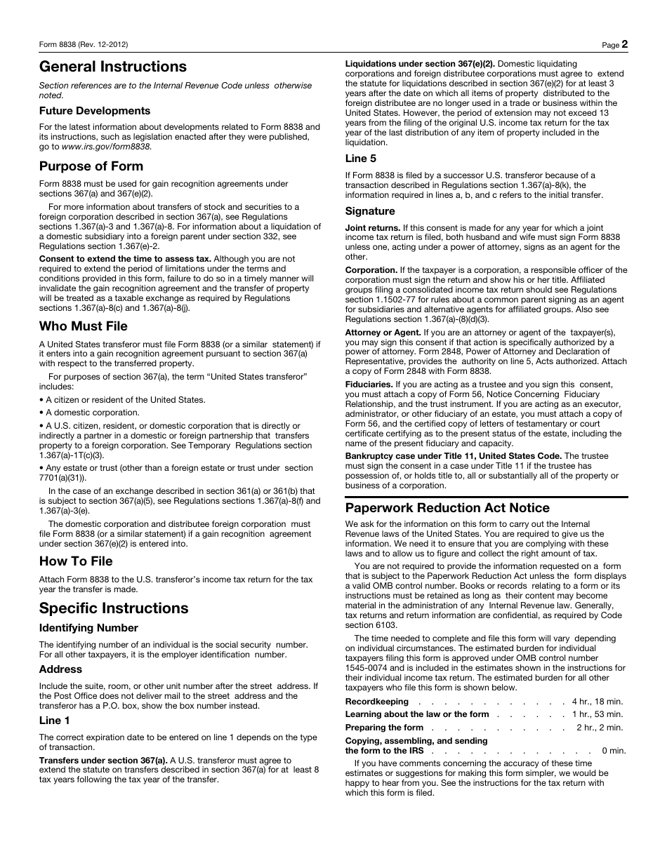 IRS Form 8838 Consent to Extend the Time to Assess Tax Under Section 367 - Gain Recognition Agreement, Page 2
