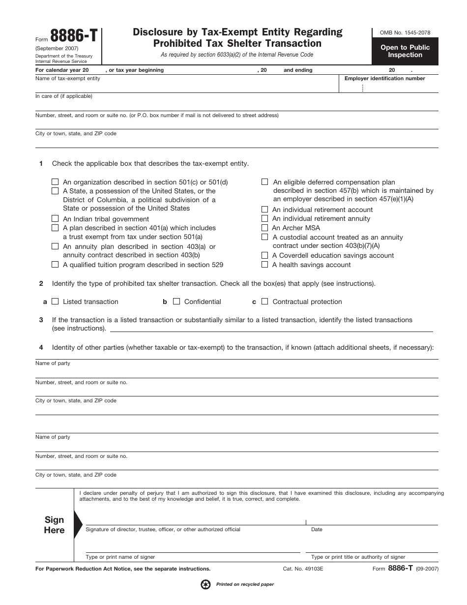 IRS Form 8886-T Disclosure by Tax-Exempt Entity Regarding Prohibited Tax Shelter Transaction, Page 1