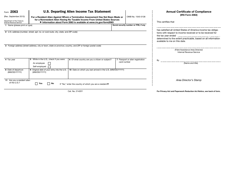 IRS Form 2063 U.S. Departing Alien Income Tax Statement, Page 1