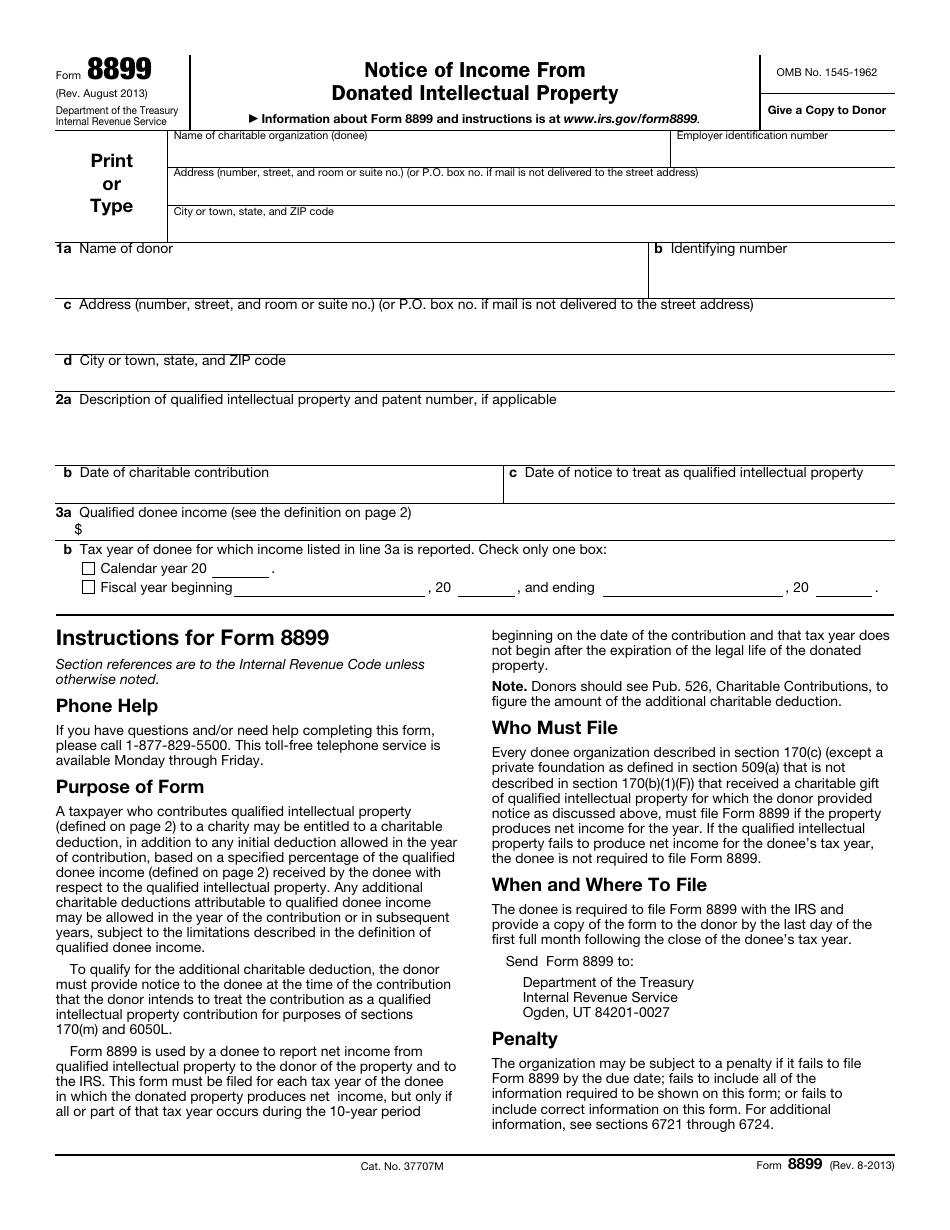 IRS Form 8899 Notification of Income From Donated Intellectual Property, Page 1