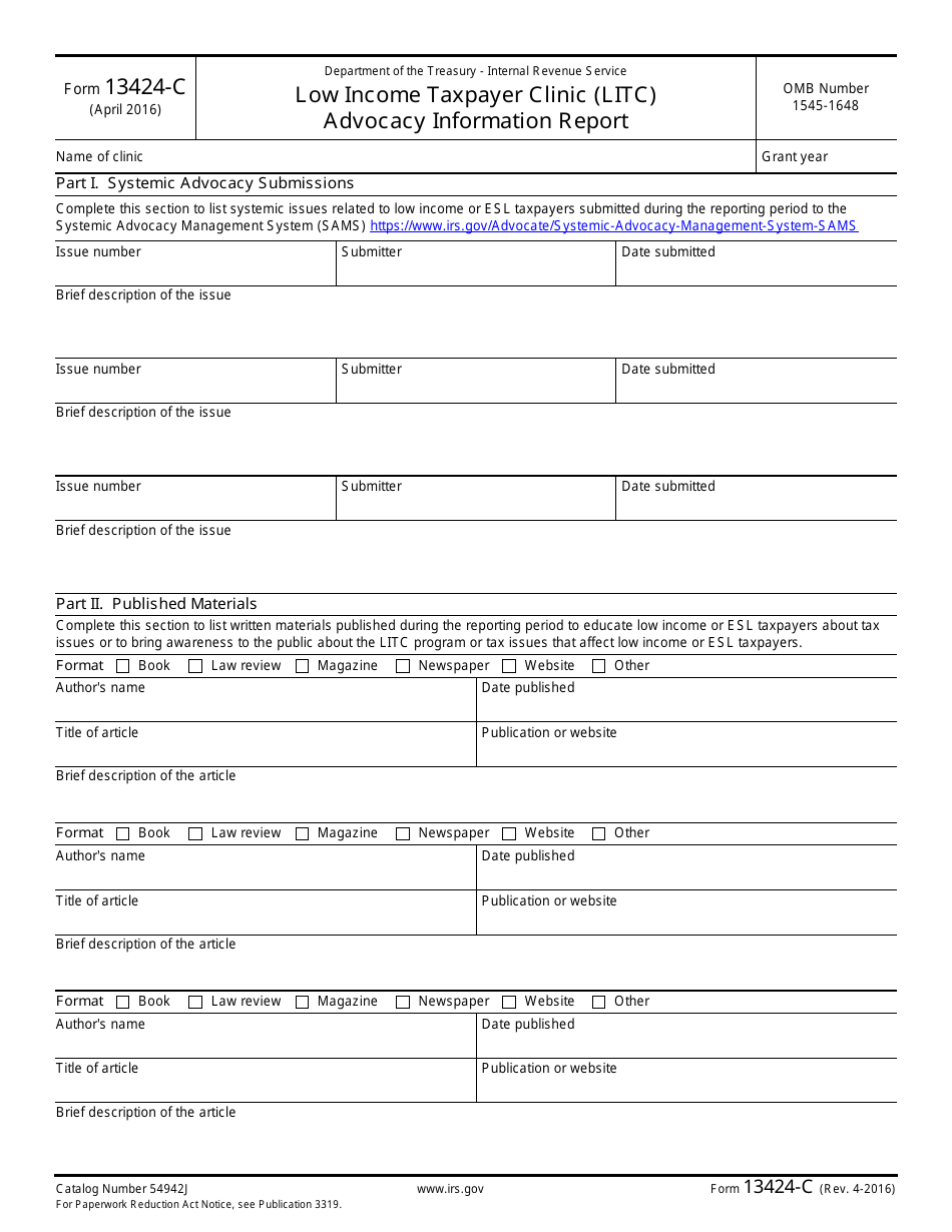 IRS Form 13424-C Low Income Taxpayer Clinic (Litc) Advocacy Information Report, Page 1