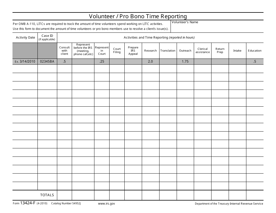 IRS Form 13424-F Volunteer / Pro Bono Time Reporting, Page 1