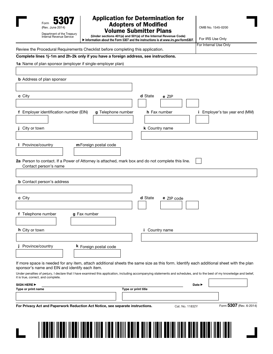 IRS Form 5307 Application for Determination for Adopters of Master or Prototype or Volume Submitter Plans, Page 1