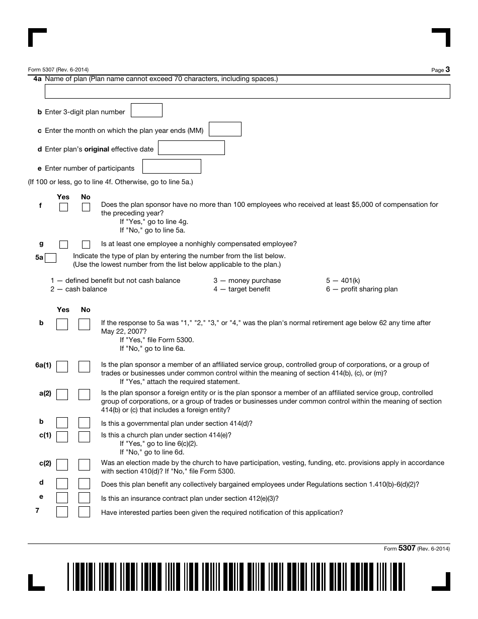 IRS Form 5307 Application for Determination for Adopters of Master or Prototype or Volume Submitter Plans, Page 3
