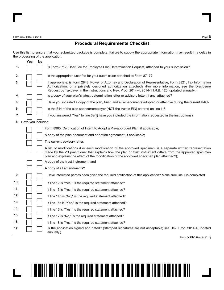 IRS Form 5307 Application for Determination for Adopters of Master or Prototype or Volume Submitter Plans, Page 6