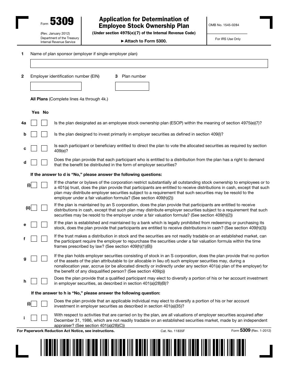 IRS Form 5309 Application for Determination of Employee Stock Ownership Plan, Page 1