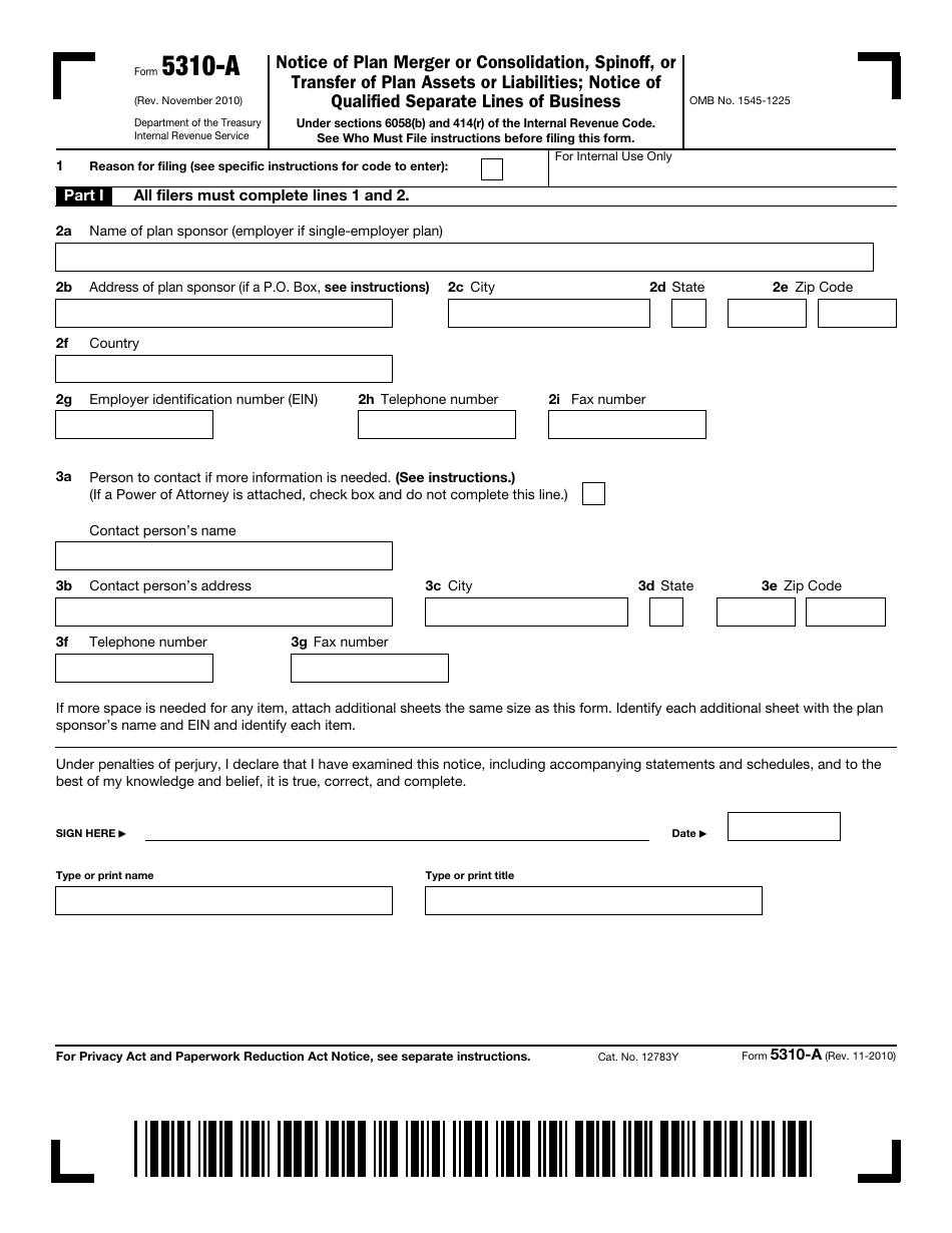 IRS Form 5310-A Notice of Plan Merger or Consolidation, Spinoff, or Transfer of Plan Assets or Liabilities; Notice of Qualified Separate Lines of Business, Page 1