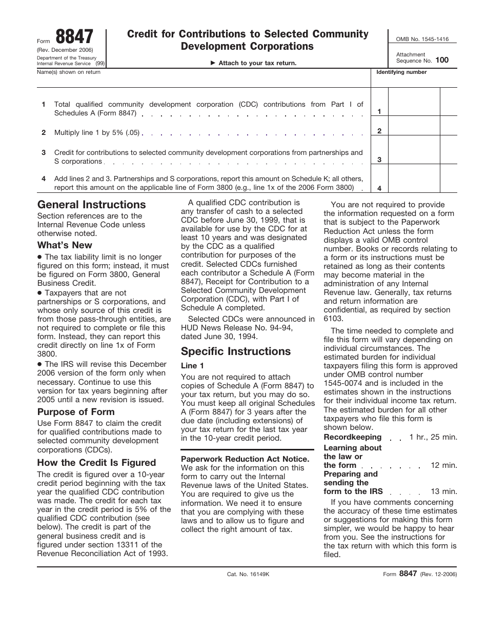 IRS Form 8847 Credit for Contributions to Selected Community Development Corporations, Page 1