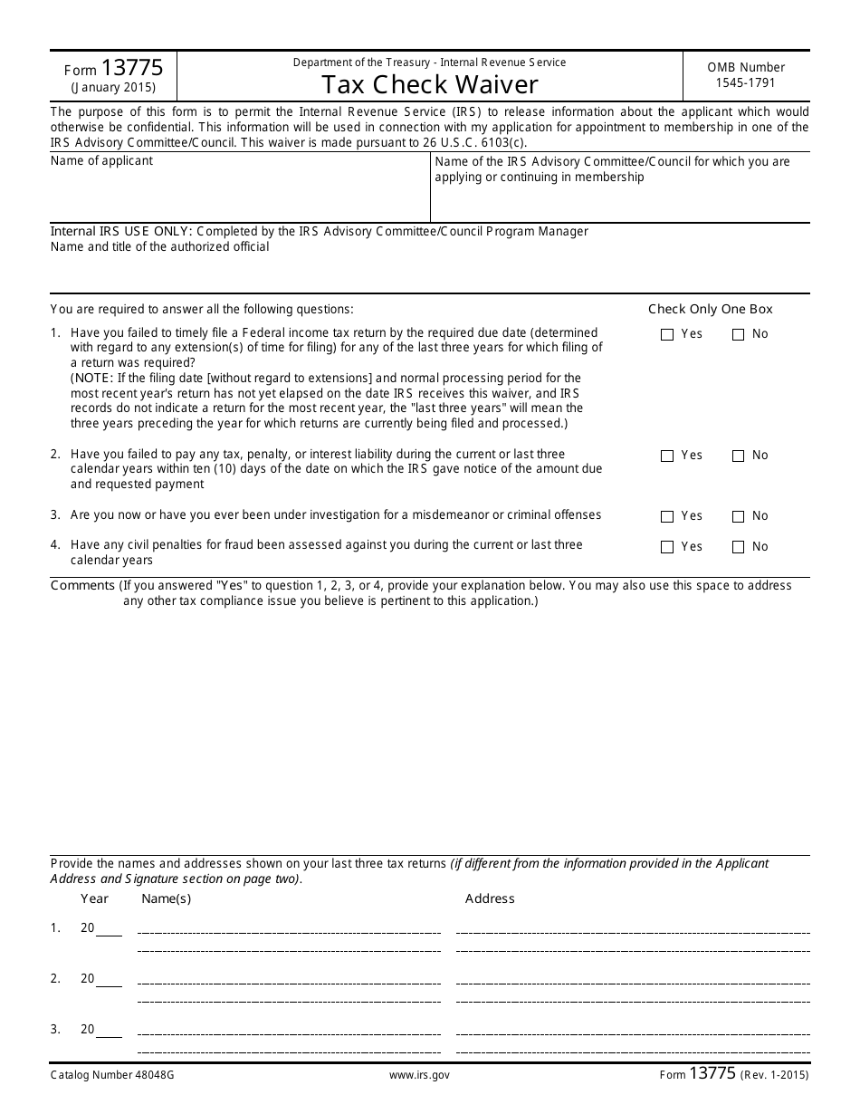 IRS Form 13775 Tax Check Waiver, Page 1